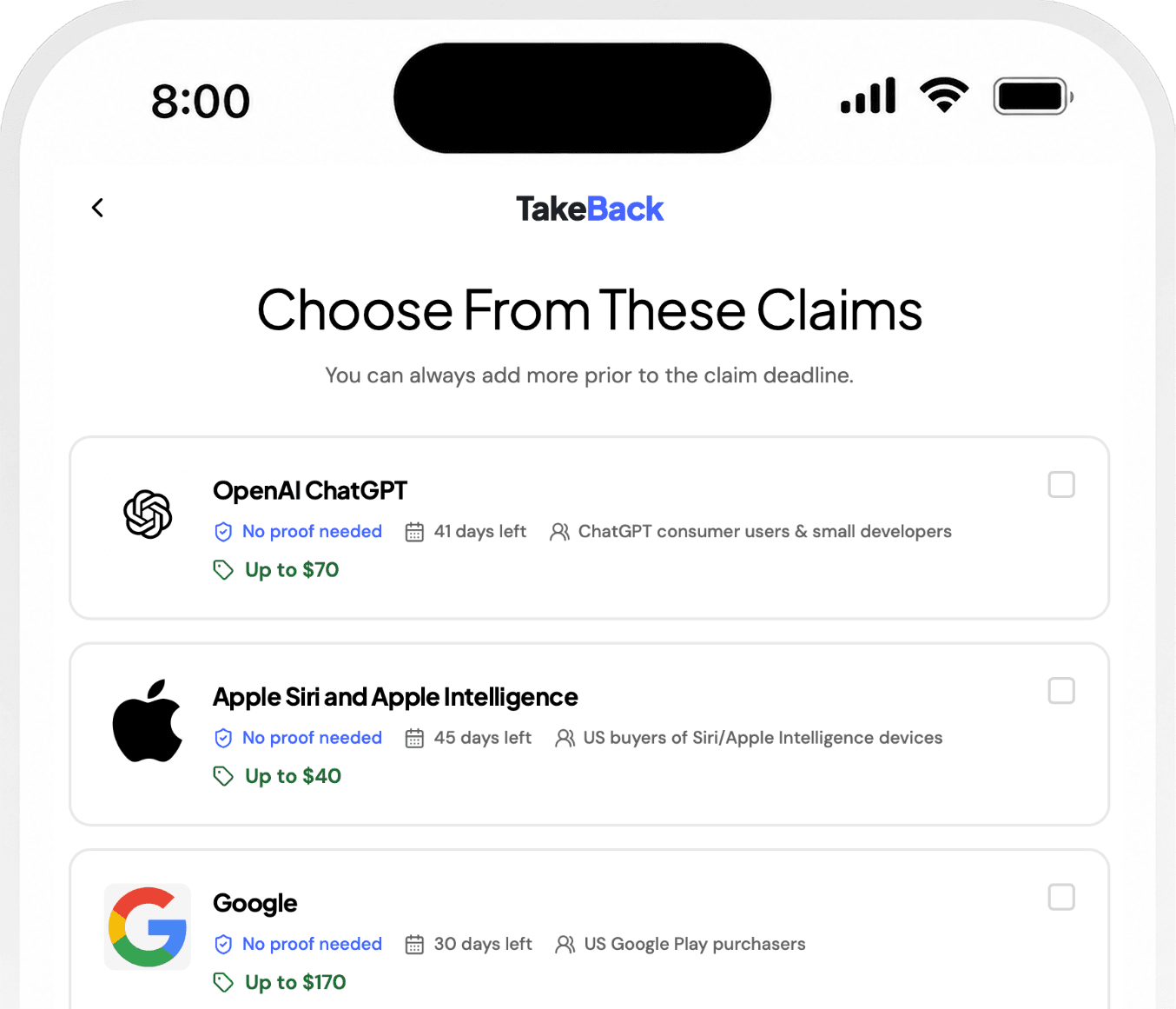 See eligible claims